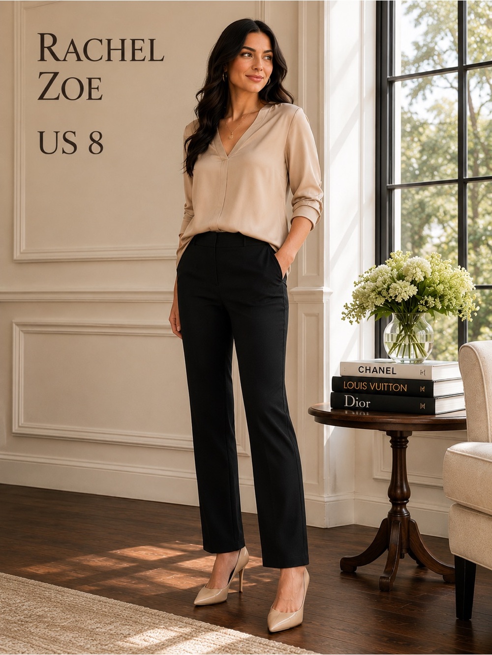 Rachel Zoe Black Pull-On Straight Leg Career Pants Stretch Size 8